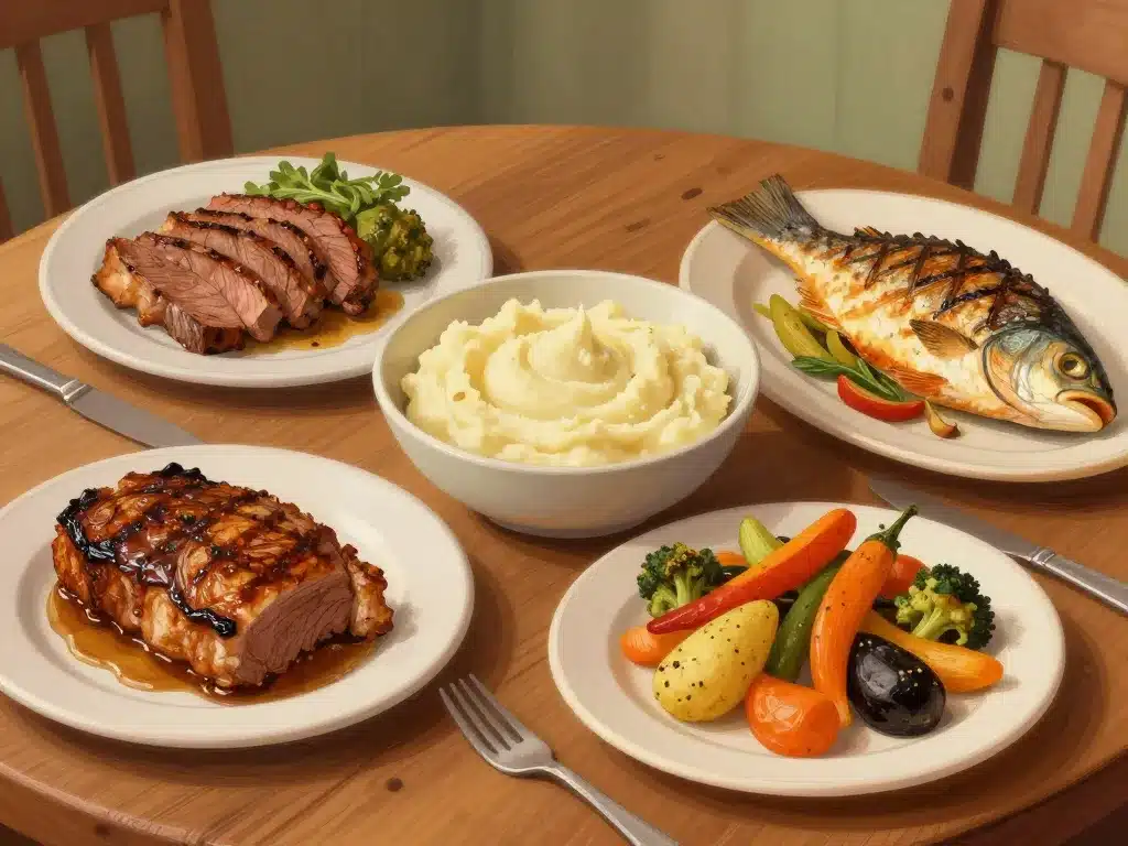 Table avec accompagnement purée classique, viandes, poissons et légumes