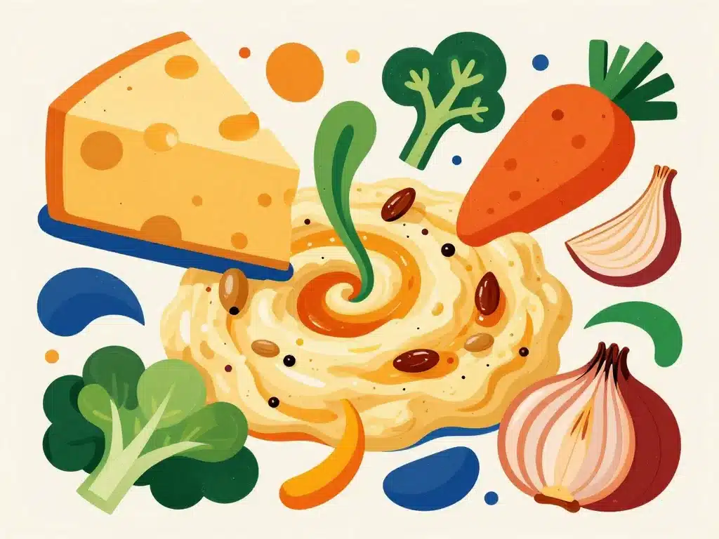 Accompagnement purée créatif, toppings et légumes stylisés