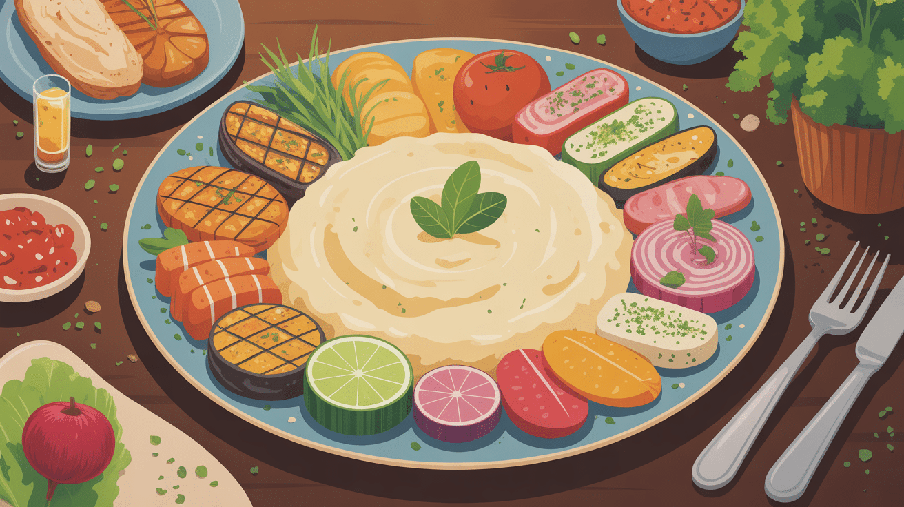 Grande assiette avec accompagnement purée varié, ambiance familiale