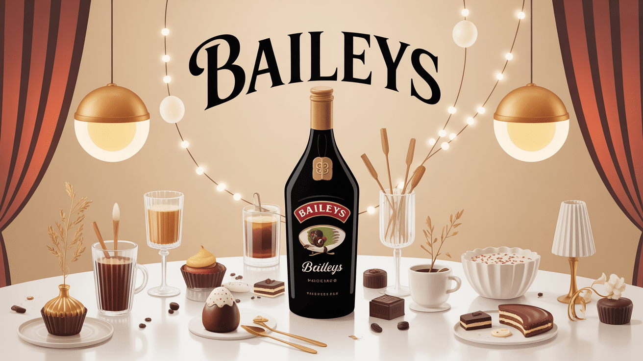 baileys bouteille table verres cafés chocolats pâtisseries