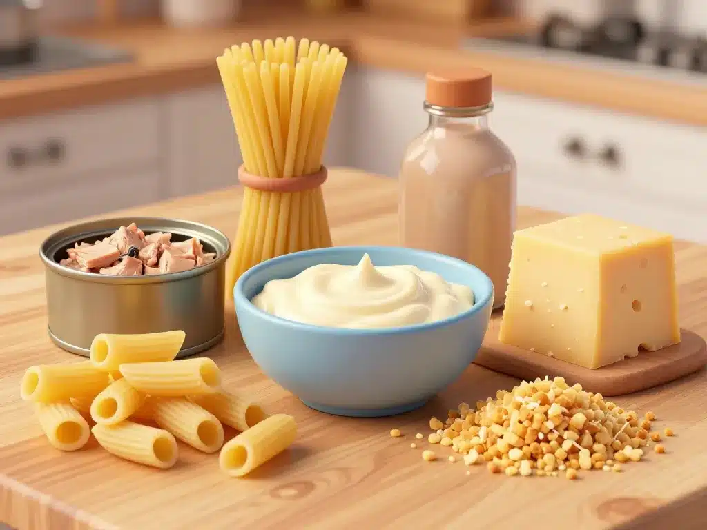 Ingrédients essentiels gratins de pates au thon sur plan de travail