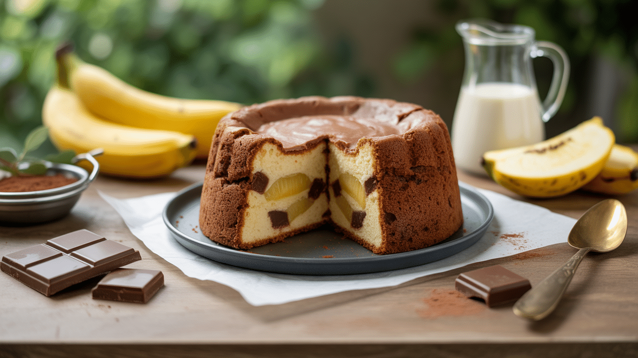 cake banane chocolat sans beurre entouré d’ingrédients naturels