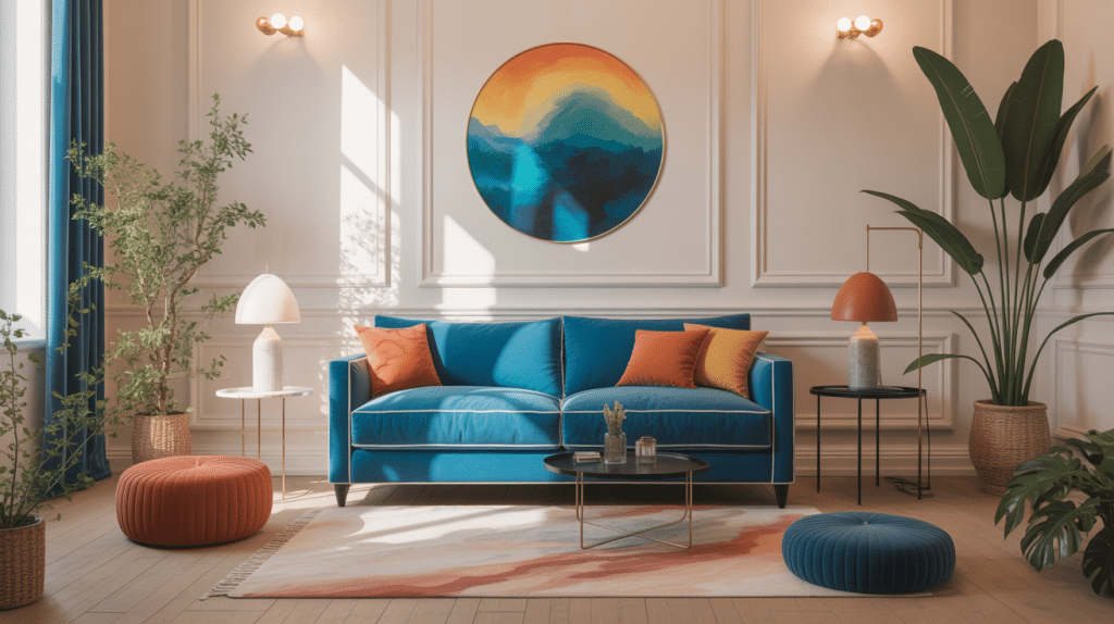 canapé bleu pétrole pièce maîtresse salon élégant