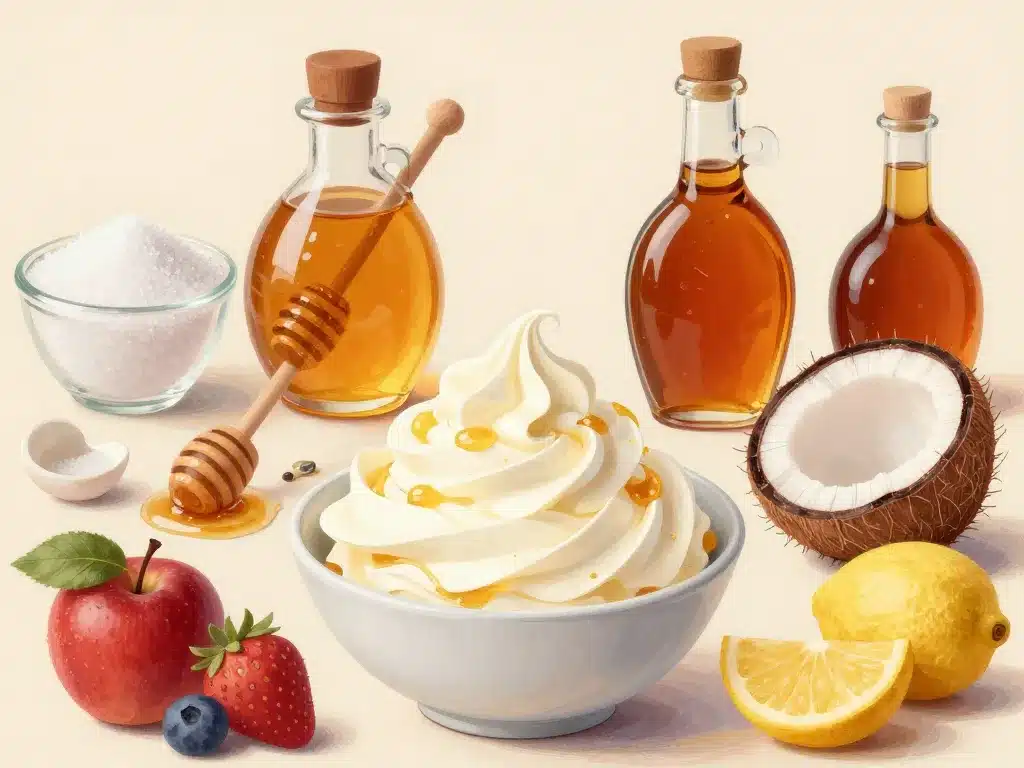 Chantilly maison sans sucre glace avec miel, sucre, fruits et sirops