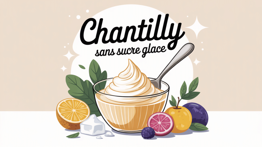 Crème chantilly maison sans sucre glace dans un bol, fouet et alternatives naturelles