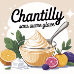 Crème chantilly maison sans sucre glace dans un bol, fouet et alternatives naturelles