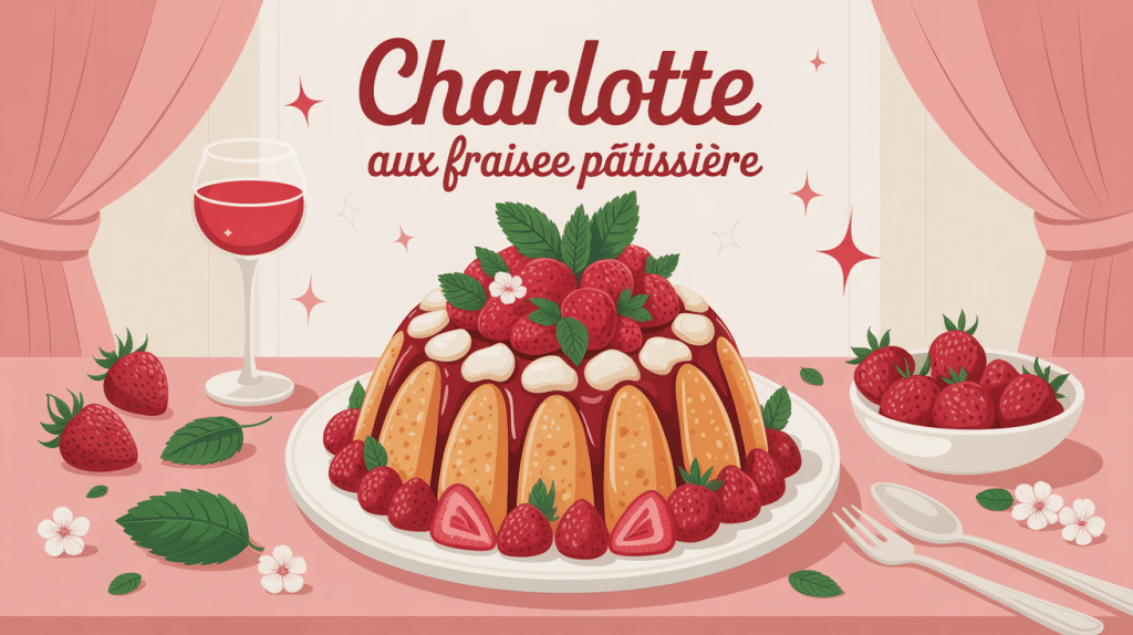 charlotte aux fraises crème pâtissière illustrée sur table de dessert printanière