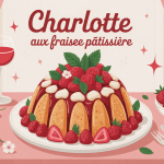 charlotte aux fraises crème pâtissière illustrée sur table de dessert printanière