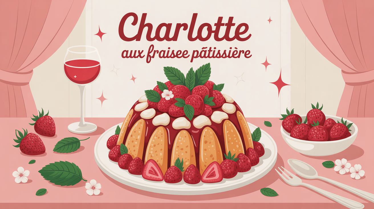 charlotte aux fraises crème pâtissière illustrée sur table de dessert printanière