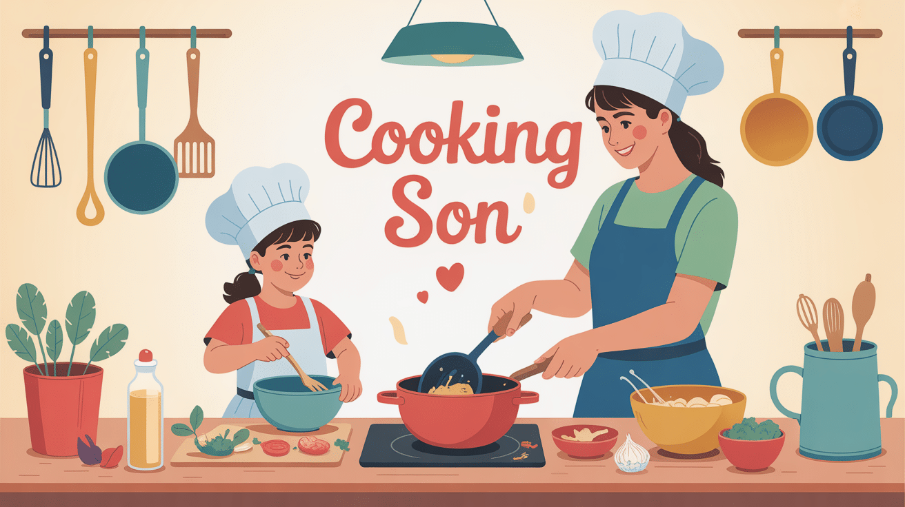 cooking son parent et enfant cuisinent ensemble illustration