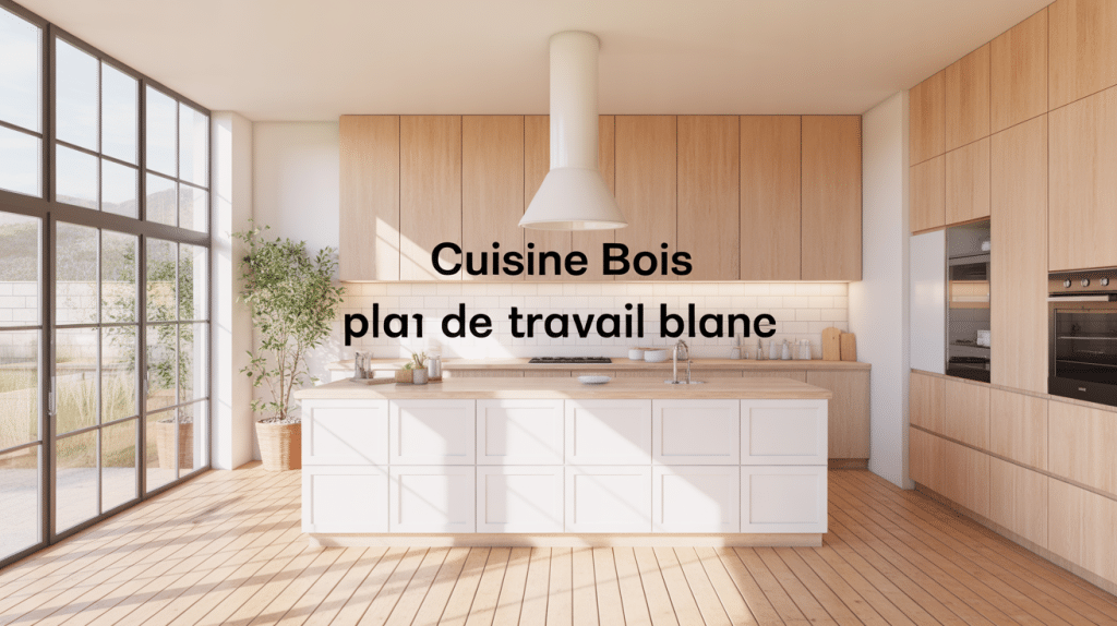 Cuisine bois plan de travail blanc moderne et chaleureuse