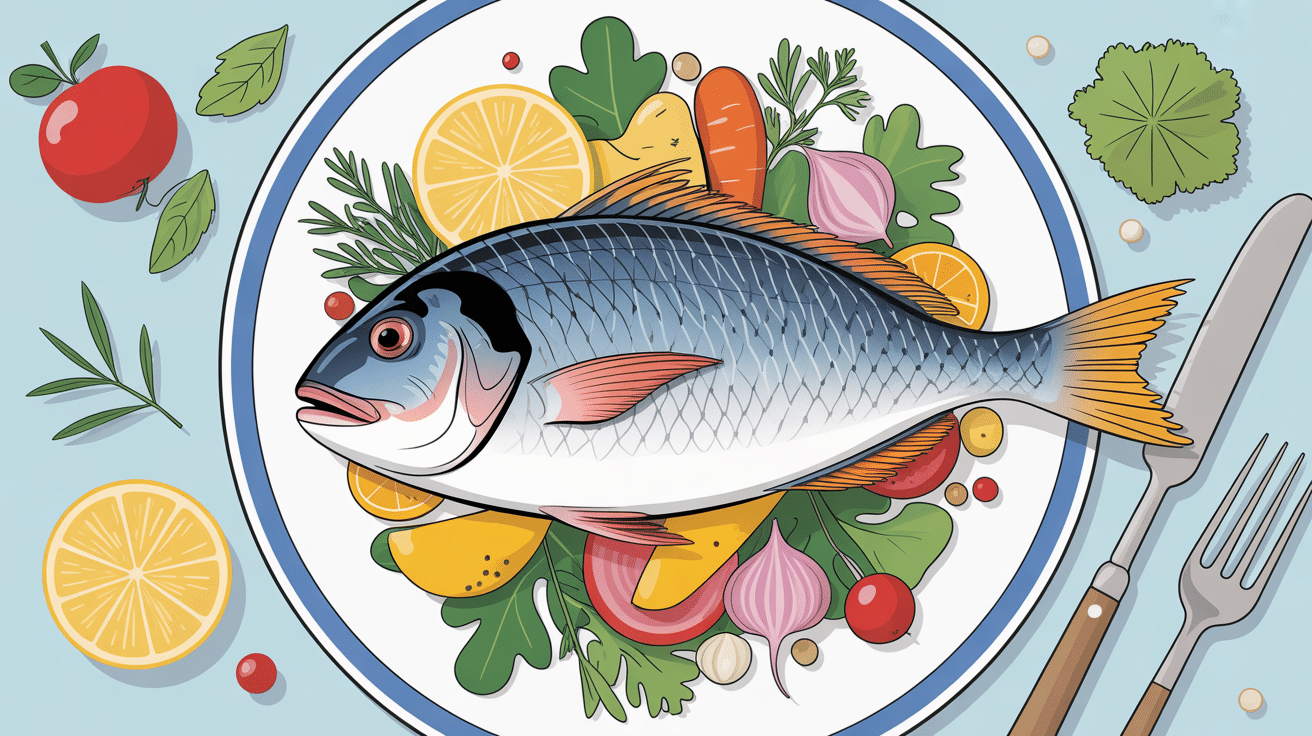 dorade au four présentée avec légumes et citrons