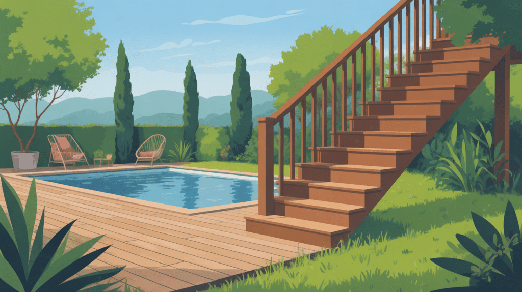 escalier bois piscine hors sol devant une piscine au jardin