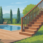 escalier bois piscine hors sol devant une piscine au jardin