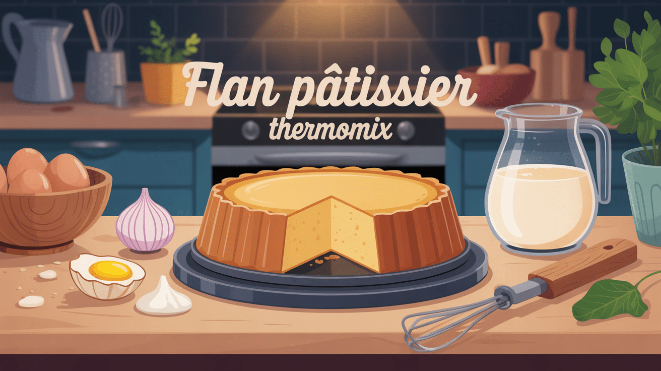 illustration flan patissier thermomix crémeux sur table cuisine