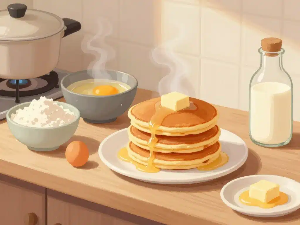 préparation fluffy pancakes ingrédients sur table ambiance cosy