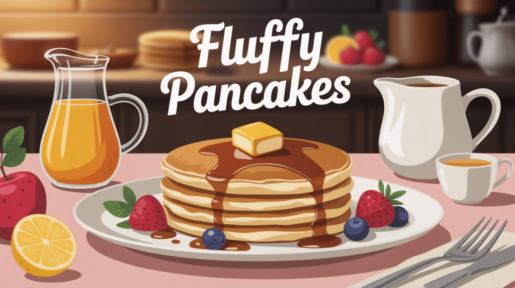 fluffy pancakes épais sur assiette avec fruits et sirop