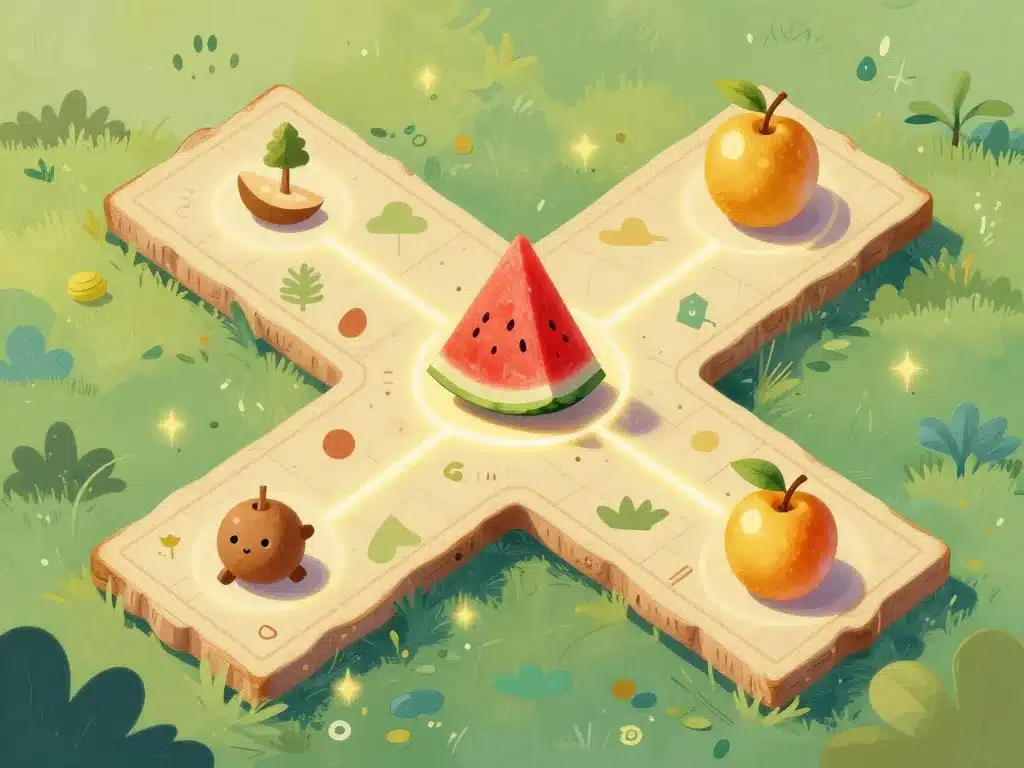 fruit en x avec carte au trésor pastèque et prune jaune X