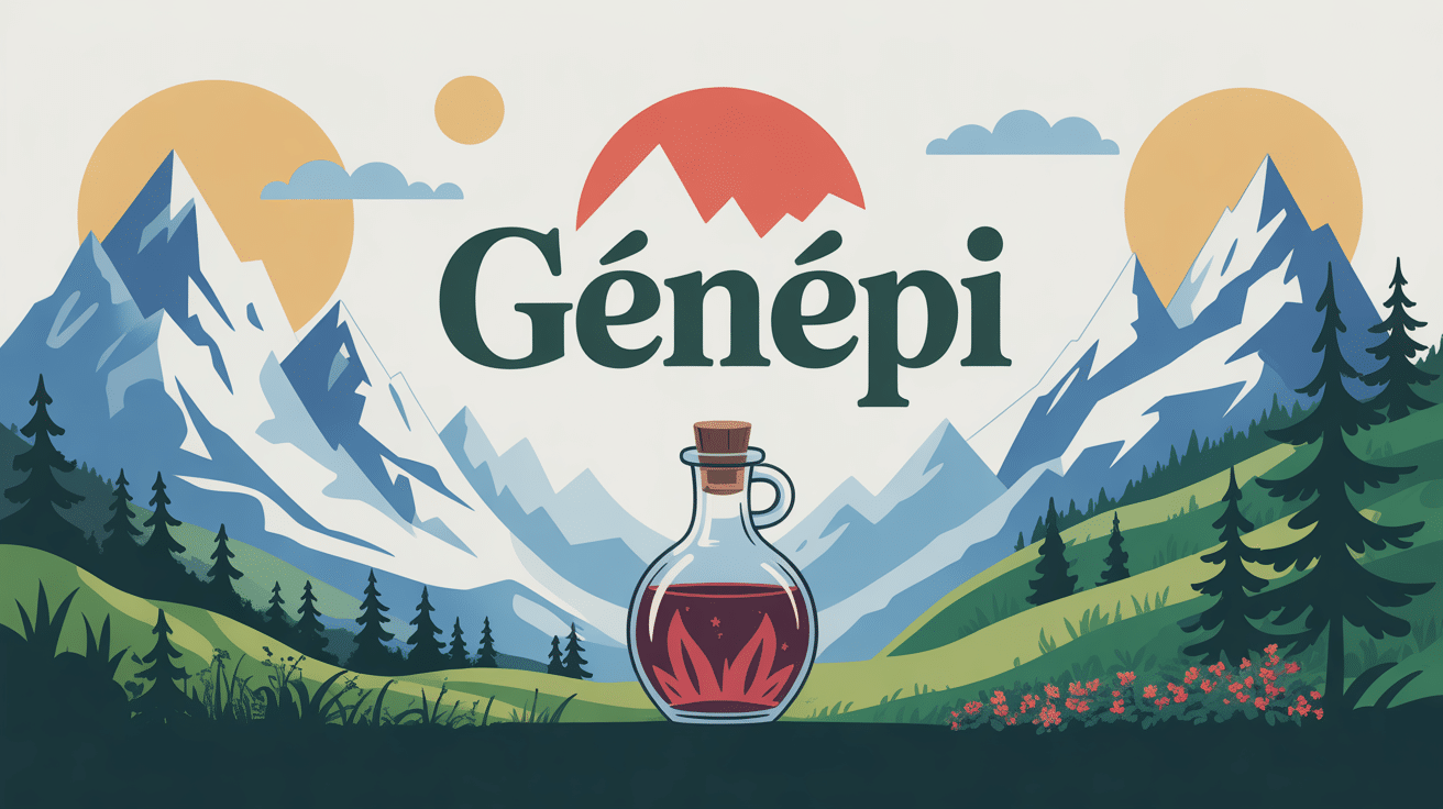 illustration genepi plante des alpes et bouteille de liqueur