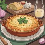 Gratin de pates au thon familial au centre de table, ambiance chaleureuse