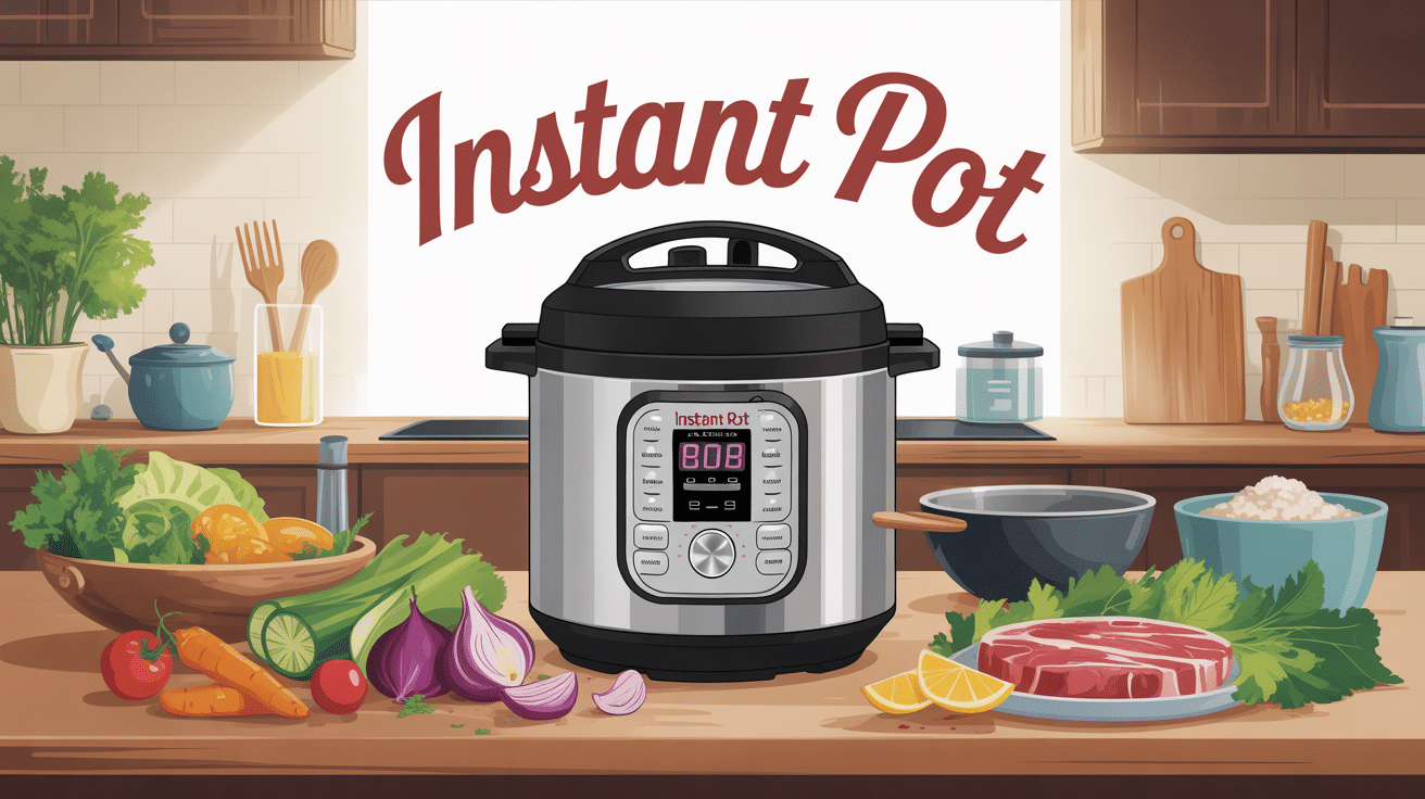 Instant Pot sur plan de travail avec ingrédients