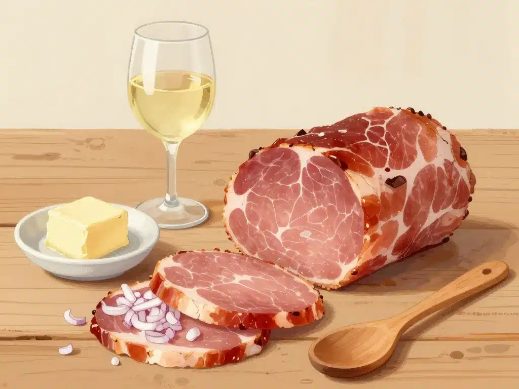 ingrédients jambon chaud sauce échalote sur table rustique