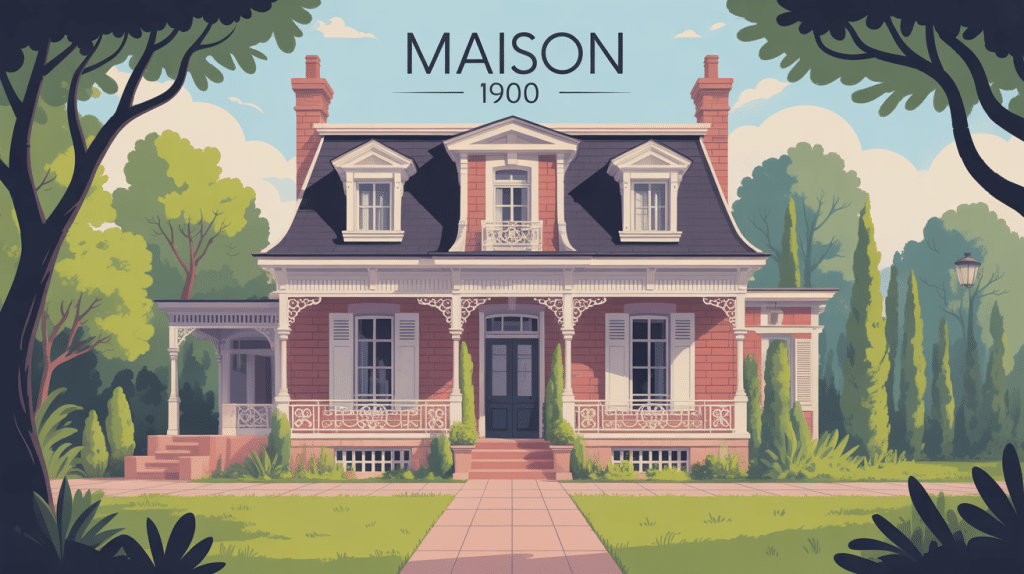 Illustration maison 1900 façade élégante jardin