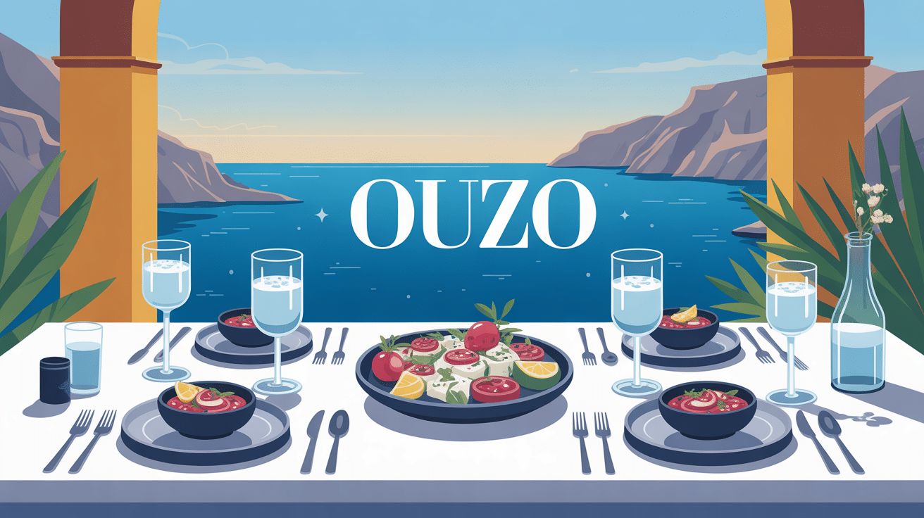 ouzo table verres mezzés ambiance festive