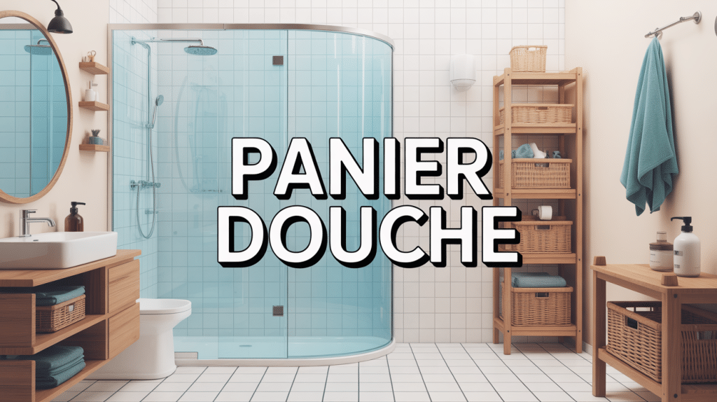 Illustration panier douche organisé salle de bain épurée