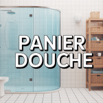Illustration panier douche organisé salle de bain épurée
