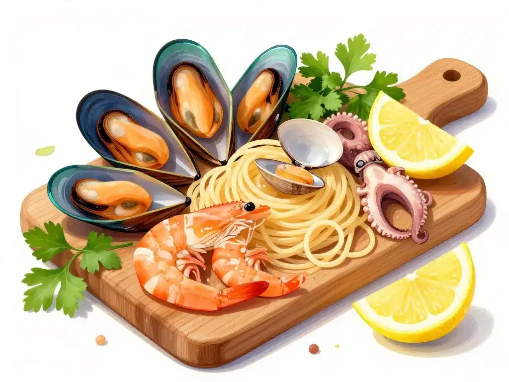 selection de fruits de mer frais pour pates aux fruits de mer