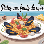 plat de pates aux fruits de mer sur table mediterraneenne