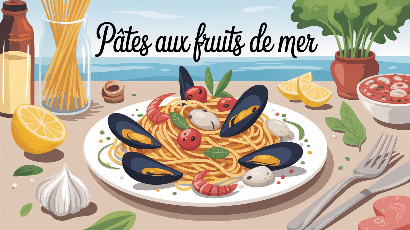 plat de pates aux fruits de mer sur table mediterraneenne