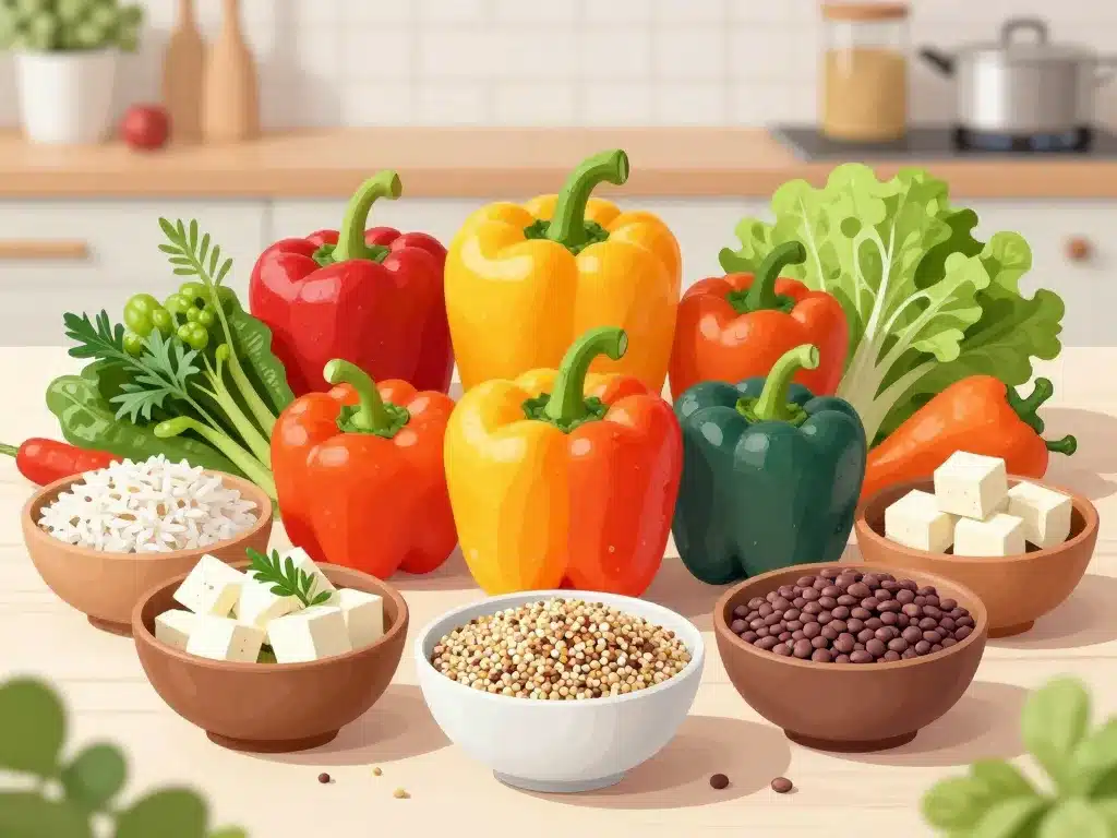 ingrédients pour poivrons farci vegetarien, poivrons et farce