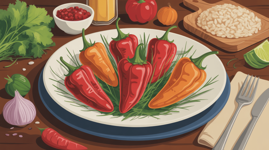 poivrons farci vegetarien illustrés sur table avec ingrédients