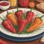 poivrons farci vegetarien illustrés sur table avec ingrédients