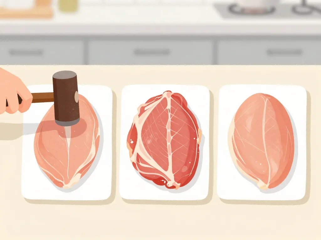 préparation du paillard de poulet, aplatissement et filet prêt à cuire