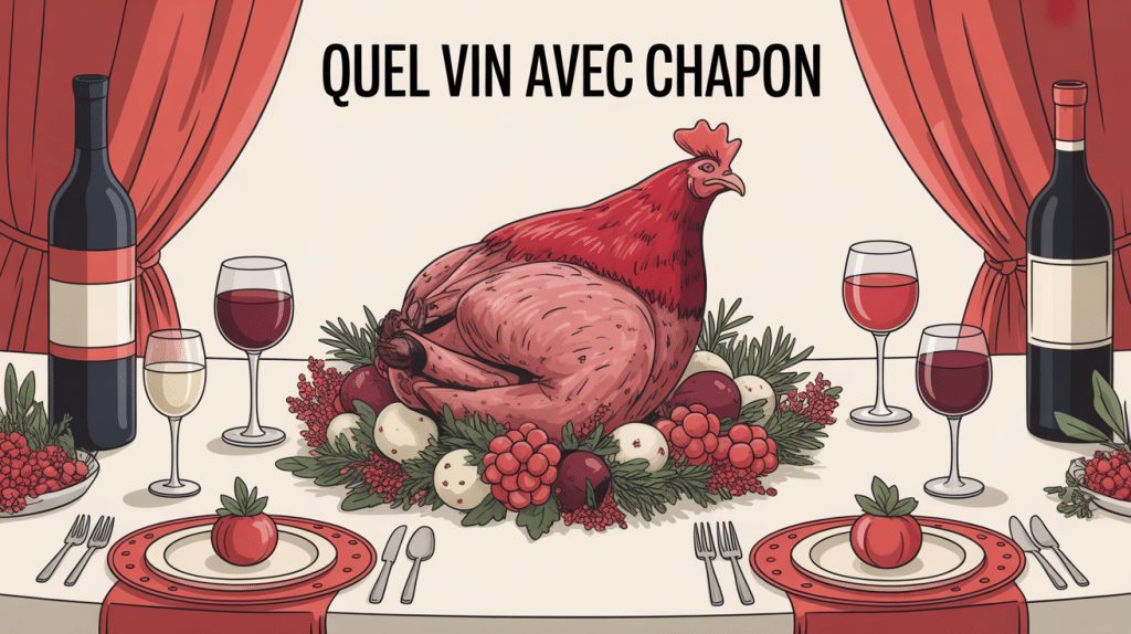 illustration chapon et vins sur table de fête quel vin avec chapon