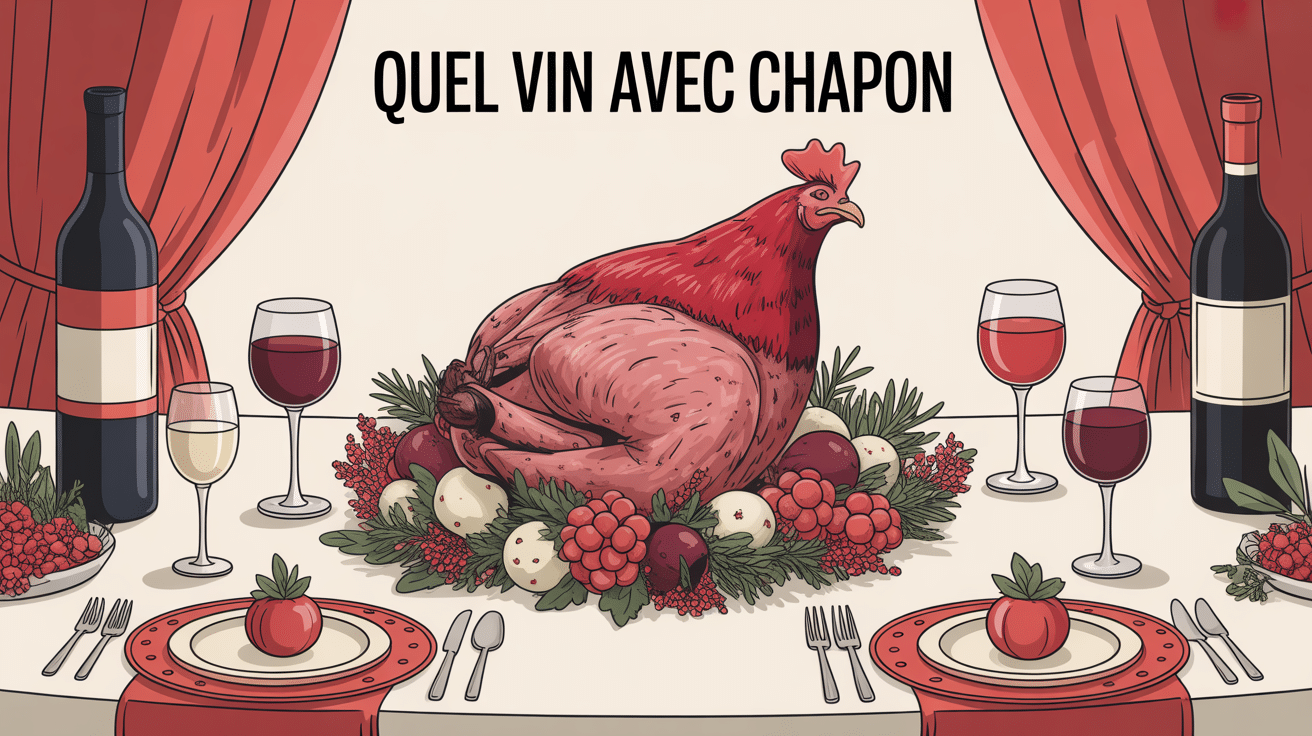 illustration chapon et vins sur table de fête quel vin avec chapon