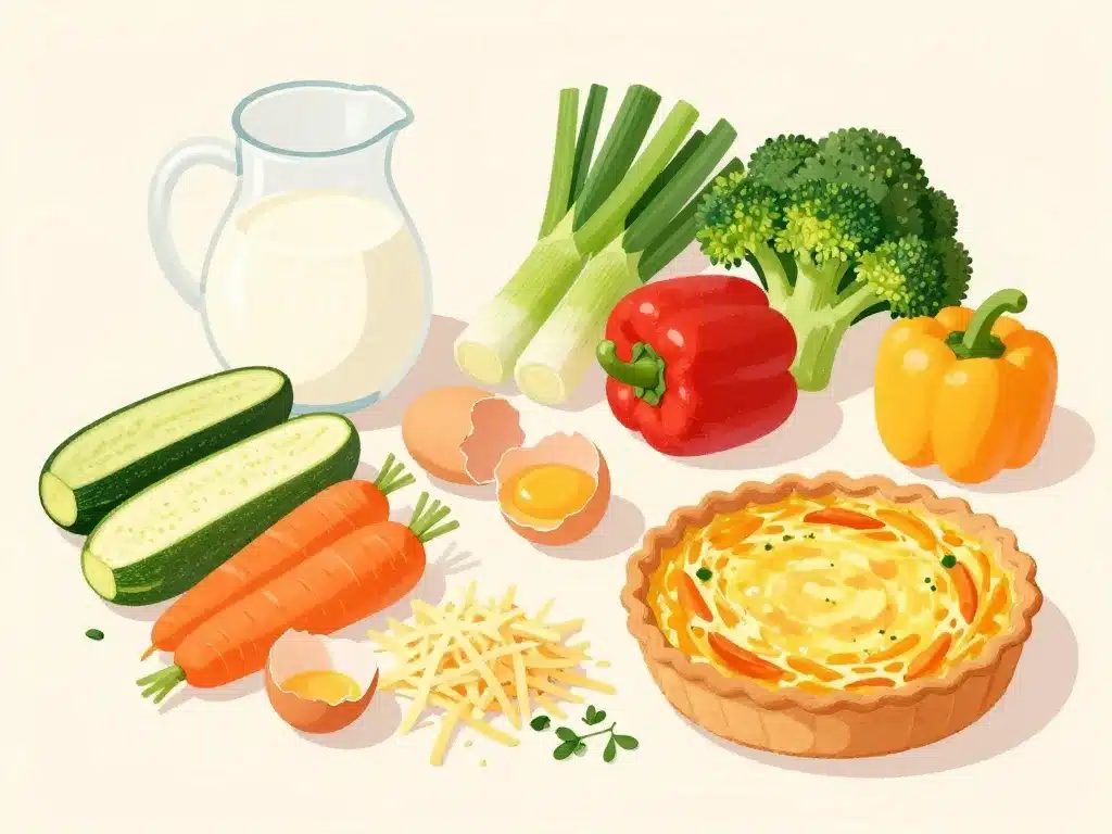 ingrédients de quiche aux legume sans pate sur table