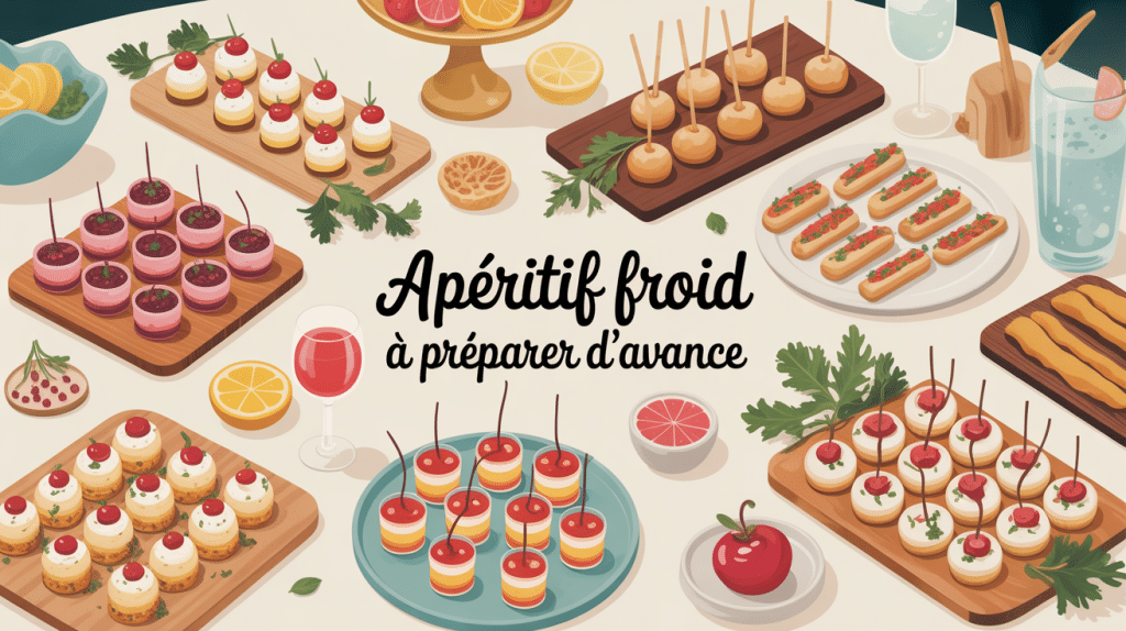 Illustration élégante de recette apéritif froid à préparer d'avance en buffet
