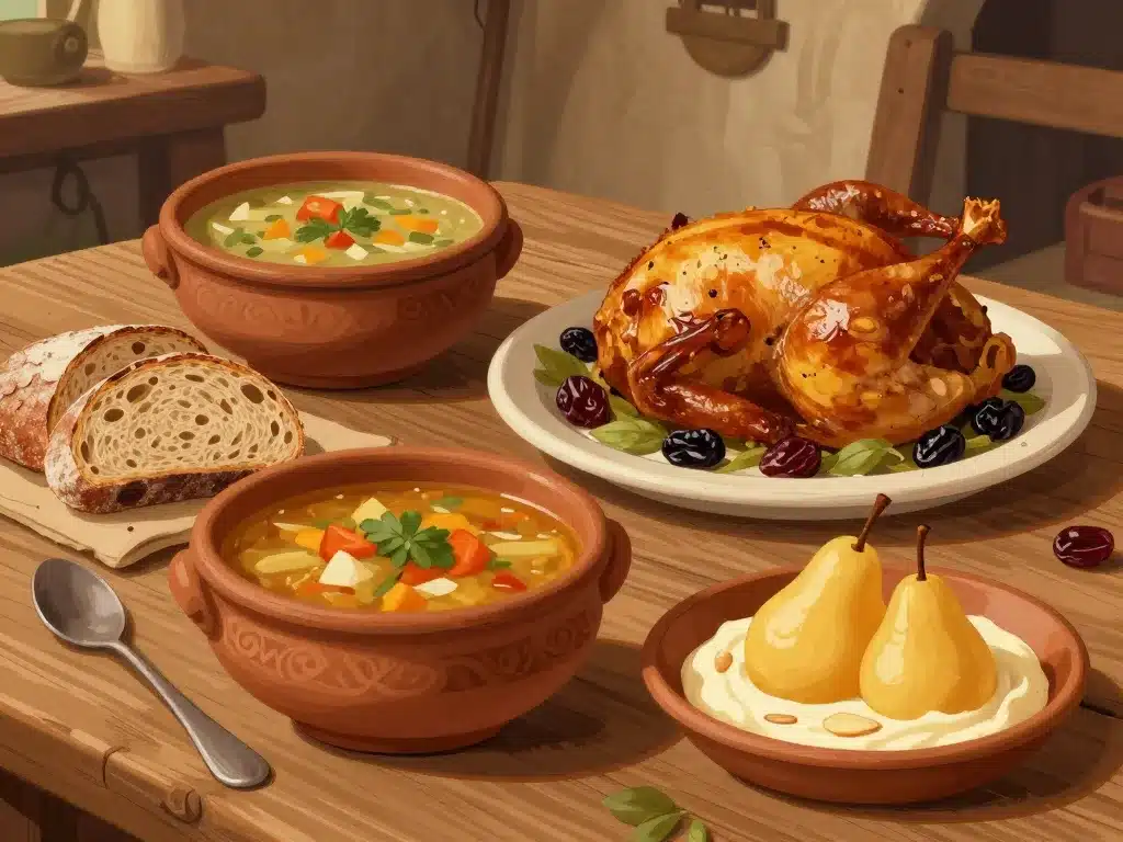 recette medieval assiette soupe viande pain dessert