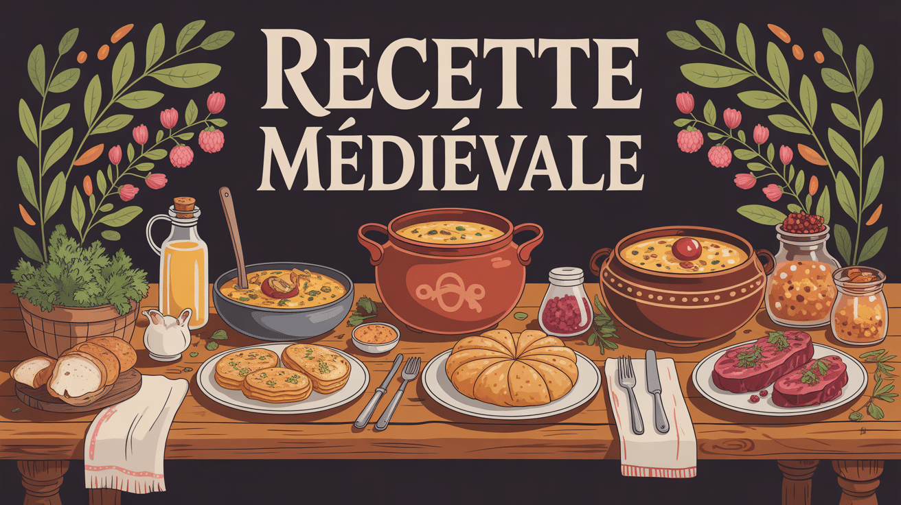 recette medieval illustration table rustique et plats
