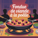 fondue de viande à la poêle sur table, recette conviviale