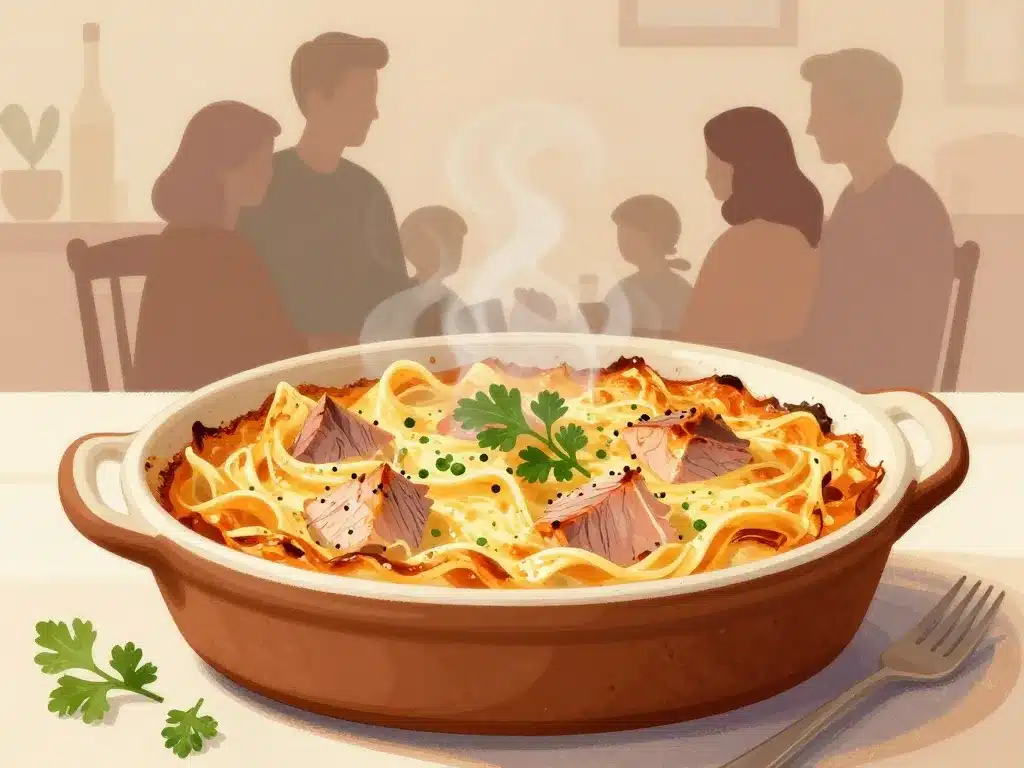 Gratin de pates au thon doré sortant du four, ambiance familiale