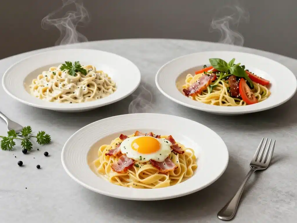 assiettes fettuccine alfredo carbonara légumes