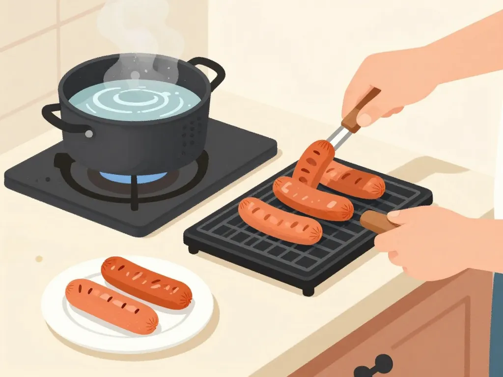 cuisson saucisse pour hot dog à la poêle, grill et eau