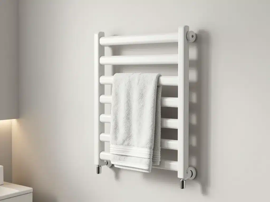 scene de salle de bain avec seche serviette lidl en usage quotidien