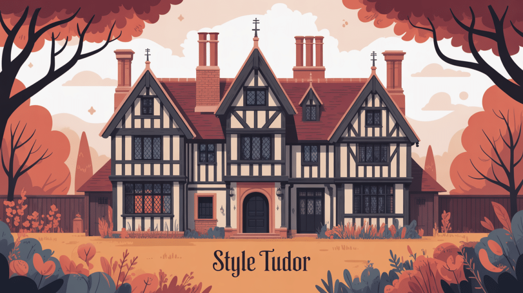 façade maison style tudor avec colombages et cheminée