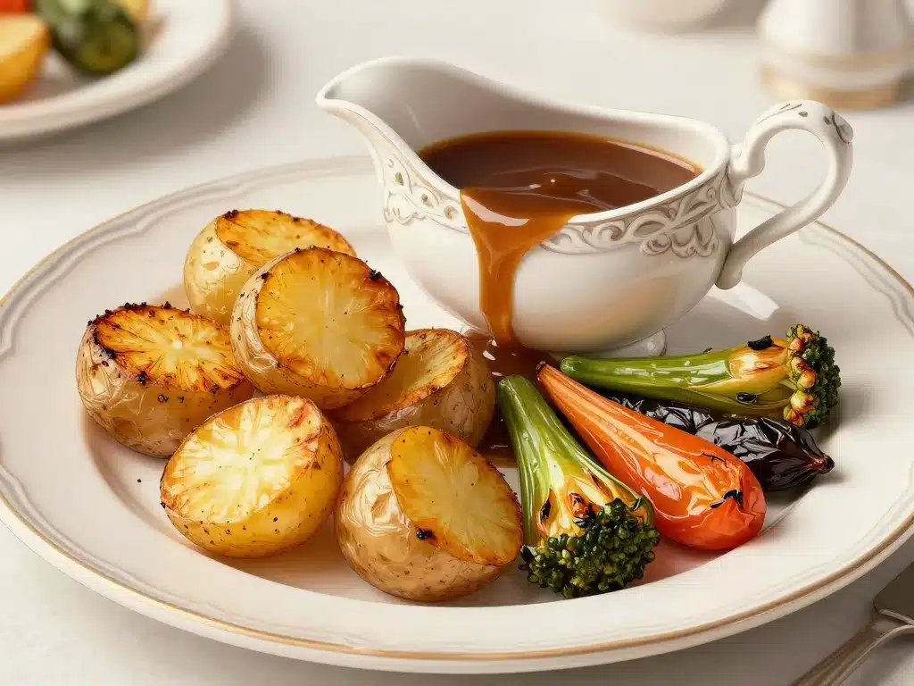 Accompagnements et gravy pour sunday roast, pommes de terre rôties et légumes